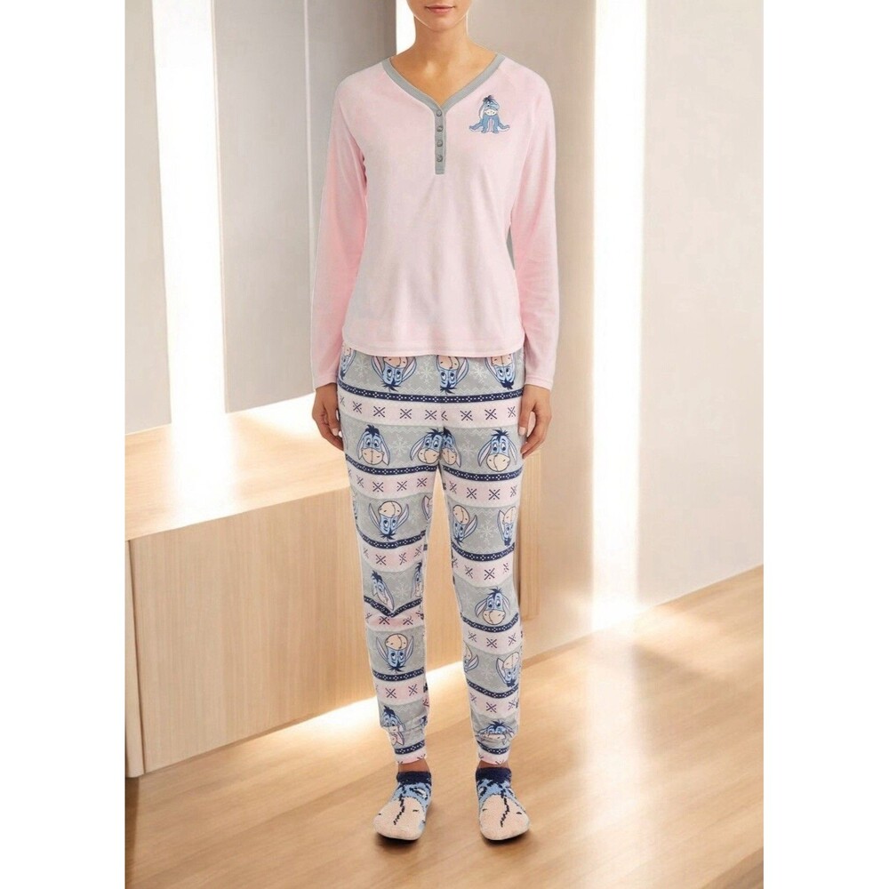 Disney Women’s Eeyore Long Sleeve Jogger Pants And Sock 3 Piece Pajamas PJ Set S